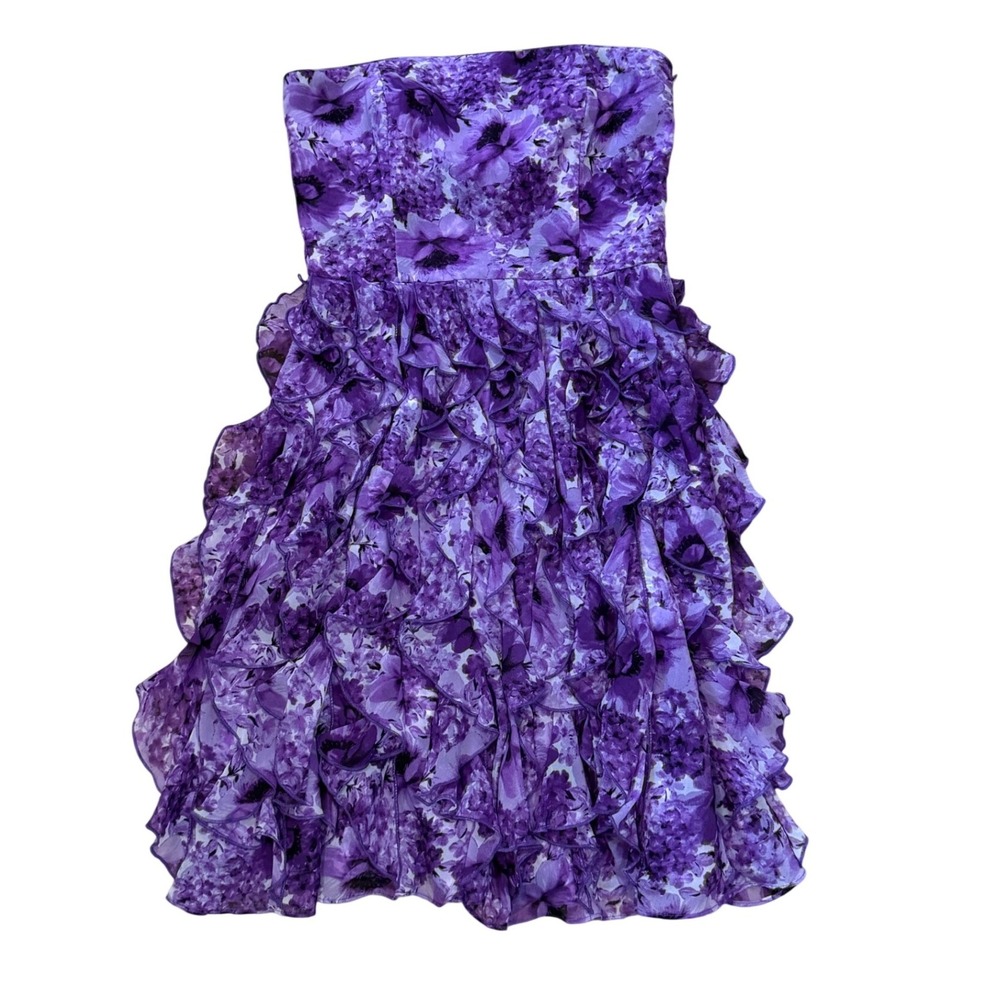 White House Black Market Purple Floral Strapless Ruffle Tiered Cocktail Dress 00